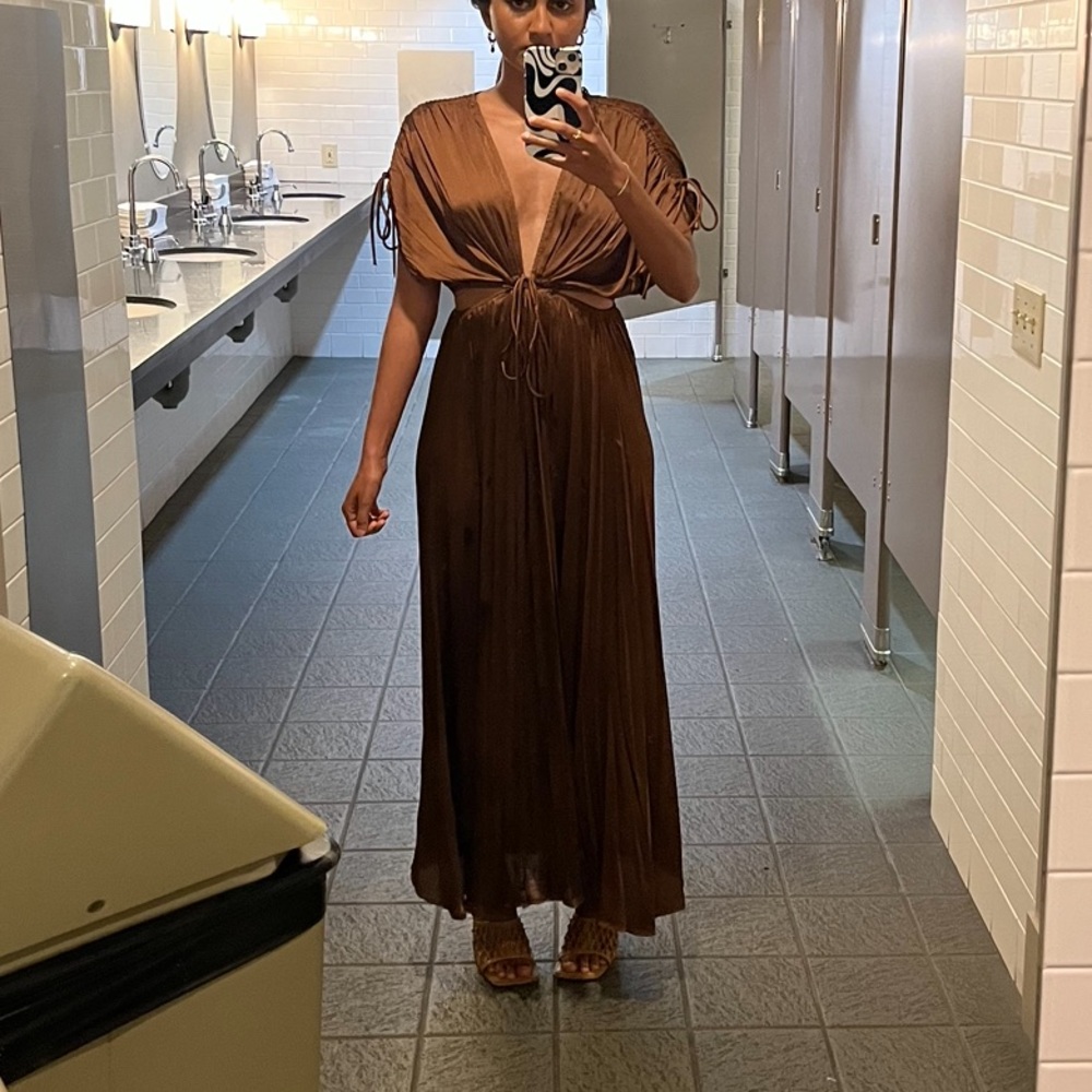 ZARA BROWN SATIN EFFECT CUT OUT PLEATED MAXI DRESS WEDDING GUEST
